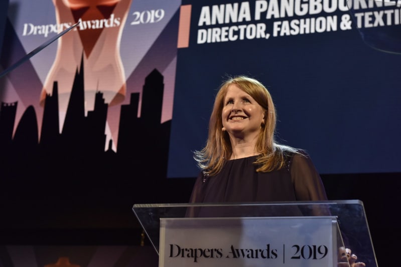 Anna Pangbourne talking on stage at the Drapers Awards 2019. 