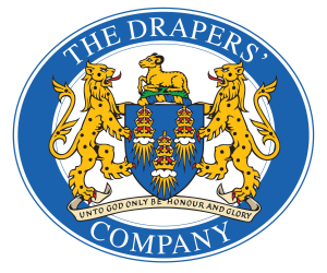 Two golden lions surround a blue crest beneath the text the drapers company.