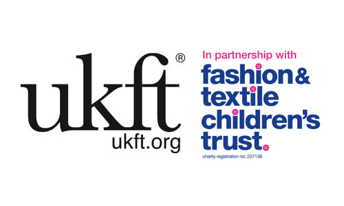 The UKFT logo is written in black heritage font. The Fashion & Textile Childrens Trust logo sits next to it in blue and pink writing.