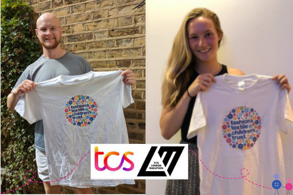 Our Marathon runners, Gaby and Will are pictured holding their FTCT t-shirts up. Will is a white male, mid twenties with glasses  and a beard and shaved head. Gaby is a white female, mid twenties, with long blonde hair. 