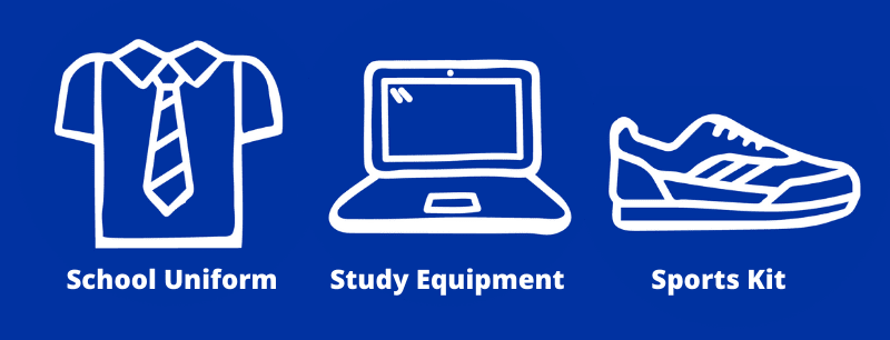 White images sit on a blue background to explain items funded by the grants. The images show a white shirt and tie, a laptop and a trainer. These depict that school uniform, laptops and P.E. kit are funded. 