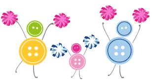 A family of our button figures hold pom poms, to cheer our runners along. They are different tones of blue and pink.